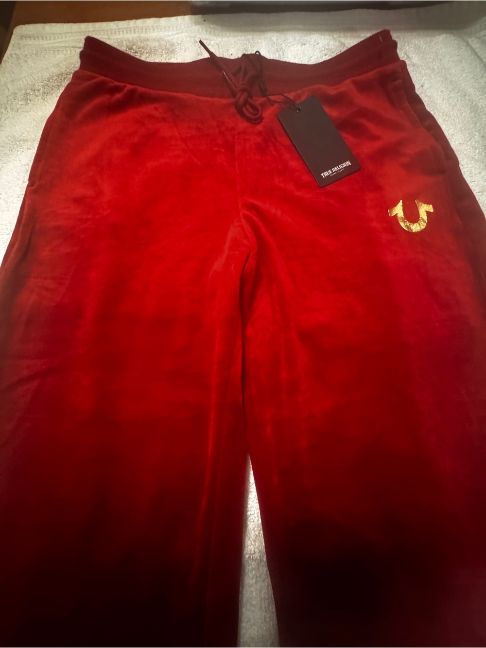 True Religion Kids Red Velour Joggers with Gold Logo
